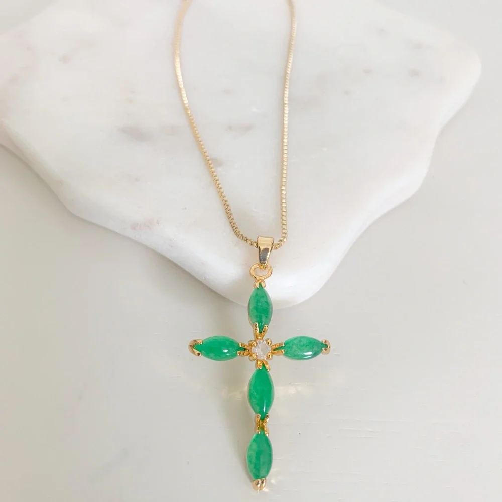 Jade Cross Necklace | 14k Gold Filled - Picture 2 of 7